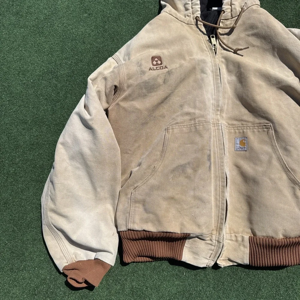 Mens Carhartt Washed Duck Canvas Hoodie Jacket Large Tan